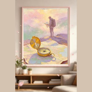 May include: A framed wall art print featuring a golden brass compass resting on an open topographical map. In the background, a hiker with a backpack stands on a cliff edge overlooking a hazy, pastel-colored mountain landscape at sunrise.