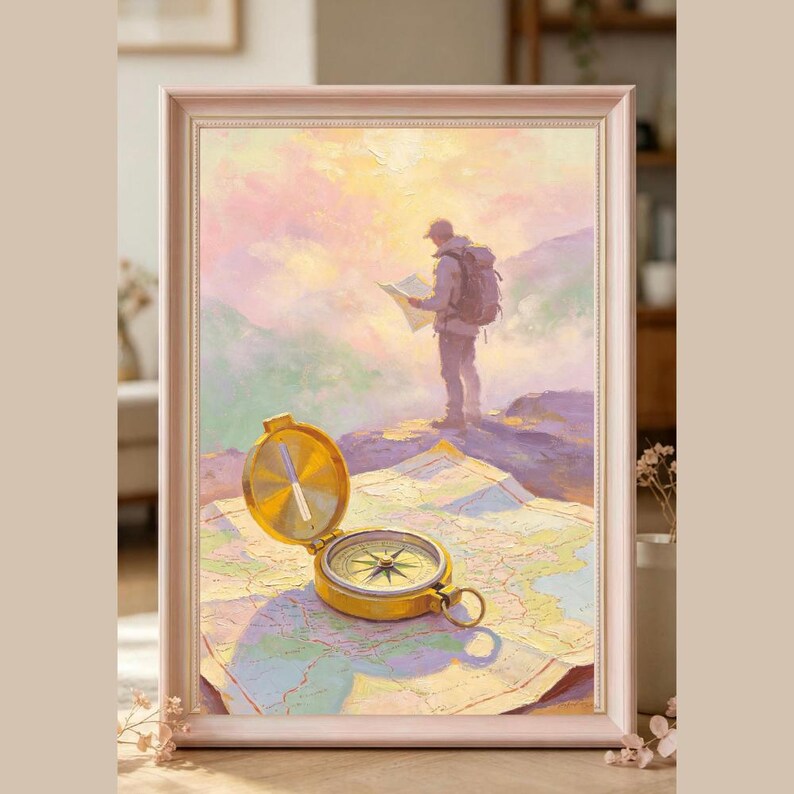 May include: A framed oil painting depicting a golden compass resting on an open map in the foreground. In the background, a person wearing a backpack stands on a mountain peak, holding a map against a soft, pastel-colored sunrise sky.