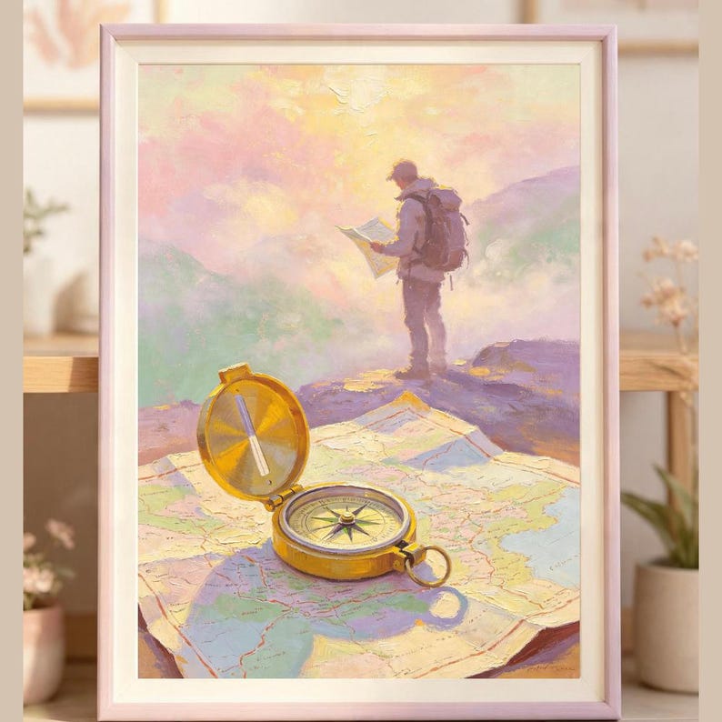 May include: A framed painting depicting a hiker standing on a mountain peak looking at a map, with a golden compass resting on an open map in the foreground. The scene features soft pastel colors, including shades of pink, yellow, and purple.