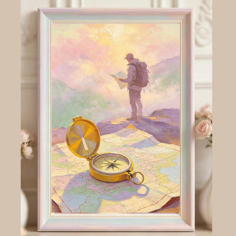 May include: A framed oil painting depicting a hiker with a backpack standing on a mountain peak while holding a map. In the foreground, a gold-colored brass compass rests open on a large, unfolded paper map, set against a soft, pastel-toned sky.