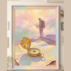 May include: A framed painting featuring a gold-colored compass resting on an open map in the foreground. In the background, a person with a backpack stands on a rocky cliff edge, looking at a map against a soft, pastel-colored sunrise sky.