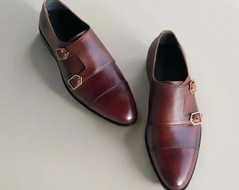 Brown Double Monk Formal Shoes for Men, Handmade Shoes For Men _ Wedding Dress Shoes