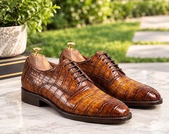 Handmade Brown Crocodile Embossed Oxford Shoes Mens Leather Dress Shoes Luxury Formal Footwear