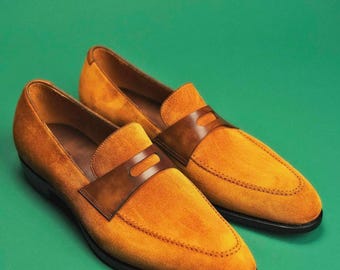 Men's Suede Penny Loafers Wedding Dress For Men  Handmade Leather Gift for Husband, Men's Wedding Shoes.