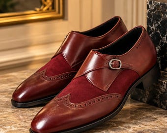 Handmade Burgundy Leather Monk Strap Shoes, Wingtip Brogue Formal Footwear
