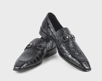 Handmade Black Crocodile Embossed Leather Loafers, Men’s Formal Slip leather footwear
