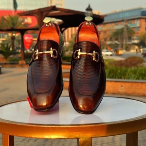 Men’s Handmade Python-Embossed Leather Loafers  Luxury Horsebit Slip-On Dress Shoes Premium Snake-Print Leather Loafers  Elegant Slip-On