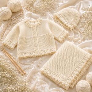 May include: A cream-colored knitted baby set consisting of a long-sleeved cardigan with buttons, a matching bonnet with ties, and a rectangular blanket. Each piece features a delicate scalloped lace-like border and a consistent textured knit pattern.