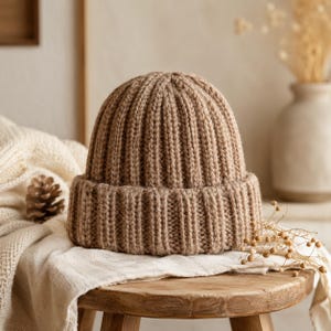 Può includere: Un berretto marrone chiaro con una spessa trama a maglia a coste e un ampio risvolto ripiegato. Il cappello presenta un motivo a maglia verticale su tutta la calotta e il bordo, realizzato in filato morbido in una tinta terra neutra.