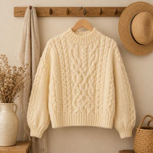May include: A cream-colored cable knit sweater with a mock neck, long sleeves, and ribbed cuffs and hem. The sweater features a prominent vertical cable pattern on the front, constructed with a thick, textured yarn, hanging on a wooden hanger.