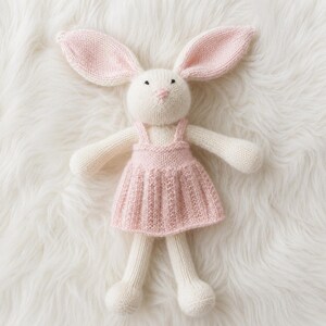 May include: A knitted stuffed rabbit toy with cream-coloured fur and long ears featuring pink inner linings. The rabbit wears a pink knitted dress with a ribbed skirt and shoulder straps, and has small black embroidered eyes and a pink nose.