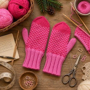 Könnte beinhalten: Ein Paar gestrickte Fäustlinge mit einem zweifarbigen rosa geometrischen Muster und gerippten Bündchen. Die Fäustlinge sind von Strickzubehör umgeben, darunter Wollknäuel in einem Korb, Holzstricknadeln, ein Maßband, eine Schere und Maschenmarkierer.