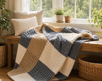 Chunky Knit Blanket Pattern PDF, Patchwork Throw Knitting Pattern, Cozy Afghan Knit Pattern, Easy Blanket Pattern, Instant Download