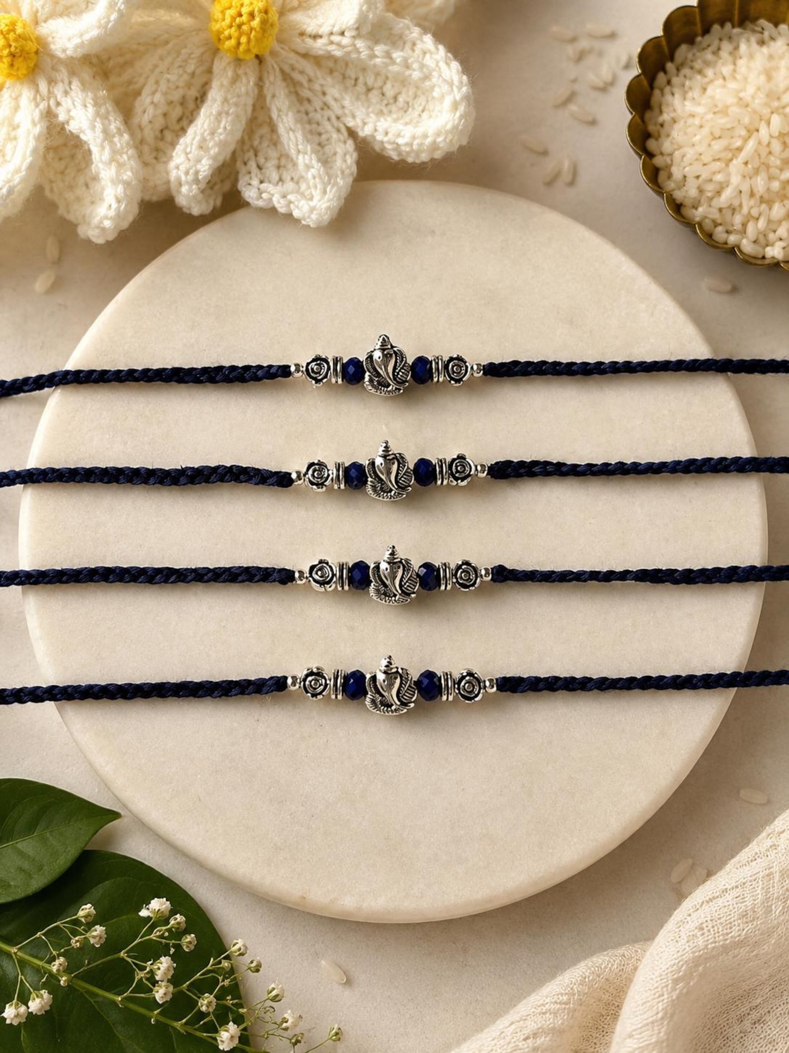Handmade Ganesha Rakhi Set 4| Navy Blue Braided Thread Bracelet for Brother
