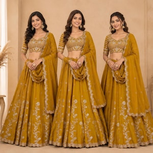 Lehenga Choli amarillo mostaza para mujer, ropa para bodas indias, ropa para la función Haldi, lehengas para invitadas de boda, atuendos para damas de honor.