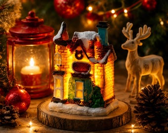 Hand-Painted Resin Christmas Cottage, Glowing Winter Village Night Light, Cozy Holiday Decor