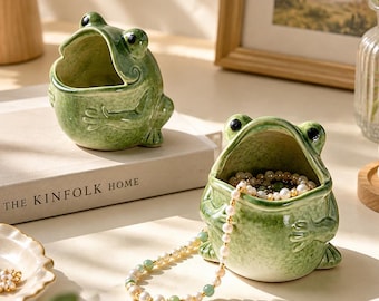 Cute Frog Ceramic Trinket Dish, Frog Jewelry Holder,Whimsical Home Decor | Gift for Mom,Tabletop Storage Jar, Boho Bathroom Vanity Organizer