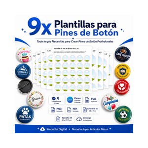 Disegni per Pin 58 mm, 9 piante per Chapas Editables in Canva, Disegno circolare per sublimazione, Scarica istantanea