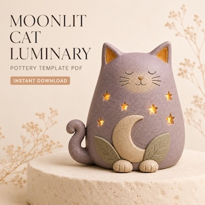 May include: A lavender ceramic cat luminary featuring a crescent moon and leaf design on the front, with star-shaped cutouts that emit a warm glow. The text reads MOONLIT CAT LUMINARY POTTERY TEMPLATE PDF INSTANT DOWNLOAD in dark brown lettering.