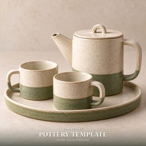 May include: A ceramic tea set featuring a teapot, two mugs, and a round tray. Each piece has a speckled cream upper section and a solid sage green base. The text SLAB TEA SET POTTERY TEMPLATE INSTANT DIGITAL DOWNLOAD is visible at the bottom.
