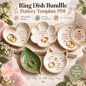Könnte beinhalten: Ein digitales Produktangebot für eine Ring-Schalen-Töpfervorlage als PDF mit fünf druckbaren Formen. Das Bild zeigt fünf Keramikschalen in Herz-, Blumen-, Mondsichel-, Blatt- und Katzenform, in denen jeweils goldene Ringe liegen.