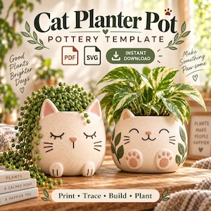May include: A digital template for a cat planter pot featuring text that reads Cat Planter Pot, Pottery Template, PDF, SVG, Instant Download, Good Plants Brighter Days, Make Something Paw-some, Plants Make People Happier, and Print Trace Build Plant.