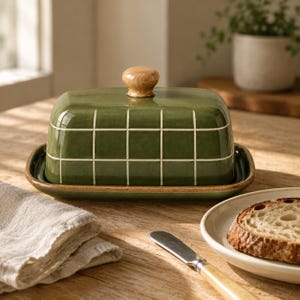 May include: A rectangular ceramic butter dish featuring a glossy olive green glaze with a white grid pattern. The lid is topped with a smooth, light-colored wooden knob. The base is a matching olive green tray with a dark brown rim.
