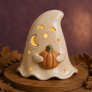 Puede incluir: Una figura de fantasma de cerámica beige con acabado moteado, que sostiene una pequeña calabaza naranja. El fantasma presenta recortes en forma de media luna, estrellas y ojos, iluminados desde el interior por una luz amarilla cálida.
