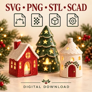 クリスマスティーライトハウス陶器テンプレートバンドル：セラミックキャンドルホルダー粘土パターン、SVG/PNGファイル付きスラブ陶器、即時ダウンロード