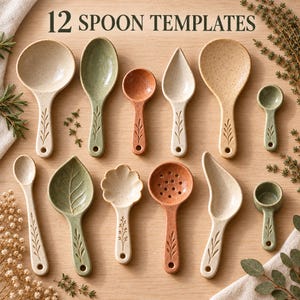 May include: A set of 12 spoon templates featuring various shapes and sizes in speckled ceramic tones of cream, sage green, and terracotta. Each handle is embossed with a delicate leaf sprig design and a circular hole at the base for hanging.