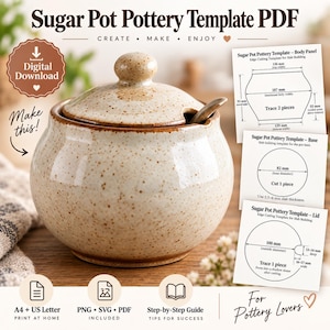Puede incluir: Un azucarero de cerámica beige moteado con tapa a juego y una cuchara pequeña. Junto a él hay tres plantillas de papel blanco etiquetadas como Sugar Pot Pottery Template con diagramas técnicos, medidas en mm e instrucciones de montaje.