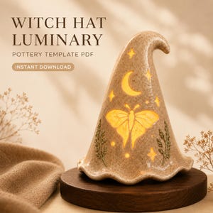 May include: A beige ceramic witch hat luminary featuring cutouts of a moth, a crescent moon, and stars, with embossed sprigs on the sides. The text WITCH HAT LUMINARY POTTERY TEMPLATE PDF INSTANT DOWNLOAD is visible in the upper left corner.