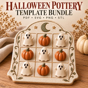 May include: A Halloween pottery template bundle featuring a tic-tac-toe game board with a crescent moon and stars. The board includes five white ghost figurines and four orange pumpkin figurines. Text reads: HALLOWEEN POTTERY TEMPLATE BUNDLE PDF SVG PNG STL.