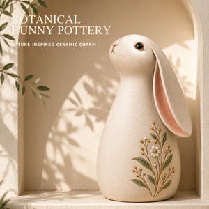 Op de afbeelding: Een crèmekleurig keramieken konijnenbeeldje met een gladde matte afwerking, één lang oor en een geschilderd bloemmotief met groene bladeren en kleine witte bloemen. De tekst BOTANICAL BUNNY POTTERY en NATURE-INSPIRED CERAMIC CHARM is zichtbaar.