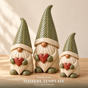 May include: Three ceramic gnome figurines of varying heights, each featuring a tall green hat with a herringbone texture, a cream-colored speckled body, a round nose, a long beard, and a small red heart held in their hands.