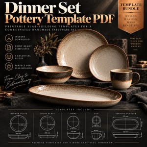 May include: A dinner set pottery template PDF featuring printable slab-building designs for five pieces: a dinner plate, coupe plate, bowl, cup, and serving platter. The image displays the finished ceramic items with speckled beige and dark brown glaze.