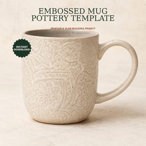 Mall för kaffemugg i PDF-format | Mönster för byggande av blommiga plattor | Guide till handbyggnad av keramik | Utskrivbar lermugg | Digital nedladdning