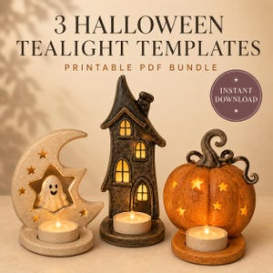 Könnte beinhalten: Drei Halloween-Teelichthalter bestehend aus einer Mondsichel mit Geist, einem hohen dunklen Haus und einem Kürbis mit Sternausschnitten. Der Text lautet 3 HALLOWEEN TEALIGHT TEMPLATES PRINTABLE PDF BUNDLE und INSTANT DOWNLOAD. Jedes Objekt hält ein Teelicht.