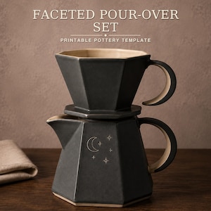 Plantilla PDF para taza de cerámica con filtro, patrón de construcción de losa facetada, gotero y jarra de café, descarga instantánea.
