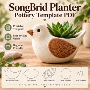 Op de afbeelding: SongBrid Planter aardewerk sjabloon PDF met een gespikkelde witte keramische vogelvormige plantenbak met een bruine vleugel en een groene vetplant. Bevat tekst: Printable Template, Step-by-Step Guide, Beginner Friendly en onderdelen.