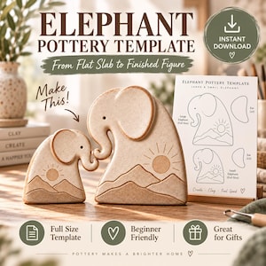 Puede incluir: Una plantilla de cerámica para crear dos figuras de elefante, una grande y una pequeña, con un diseño de sol y montañas. El conjunto incluye una hoja de instrucciones impresa con los contornos de los cuerpos y orejas, y dos esculturas de cerámica.