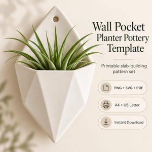 May include: A white geometric wall pocket planter containing a green plant. Text reads: Wall Pocket Planter Pottery Template, Printable slab-building pattern set, PNG + SVG + PDF, A4 + US Letter, Instant Download.