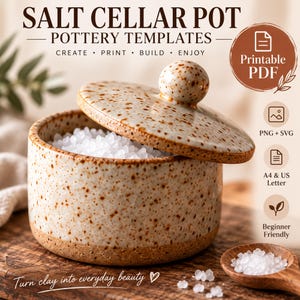 Puede incluir: Un salero de cerámica moteada con tapa a juego, lleno de cristales de sal blancos. La imagen incluye el texto: SALT CELLAR POT POTTERY TEMPLATES, CREATE PRINT BUILD ENJOY, Printable PDF, PNG + SVG, A4 & US Letter, Beginner Friendly.
