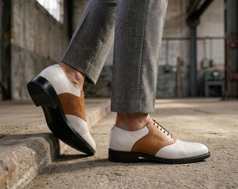 Handmade White Brown Leather Saddle Shoes Mens Oxford Dress