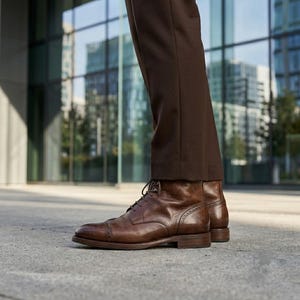 May include: A pair of brown leather lace-up boots featuring a cap toe design with decorative brogue detailing along the seams, paired with dark brown trousers. The boots have a low stacked heel and thin brown laces tied in a standard knot.