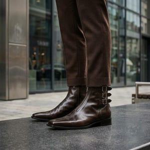 Könnte beinhalten: Dunkelbraune Lederstiefeletten mit einem silbernen Reißverschluss auf der Vorderseite und drei horizontalen Seitenriemen mit silbernen Schnallen. Die Stiefel haben eine quadratische Zehenpartie und einen niedrigen Absatz, kombiniert mit einer dunkelbraunen Hose.