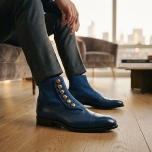 Close-up of brass ball buttons on a blue suede Victorian-style men's dress boot.
