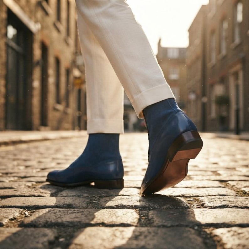 Close-up of the heel and pull tab on a handmade blue suede and leather dress boot.