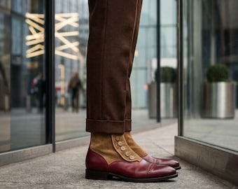 Handmade Two Tone Leather Suede Button Boots Oxblood Tan