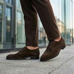 Handmade Dark Brown Suede Split Toe Derby Mens Dress Shoes